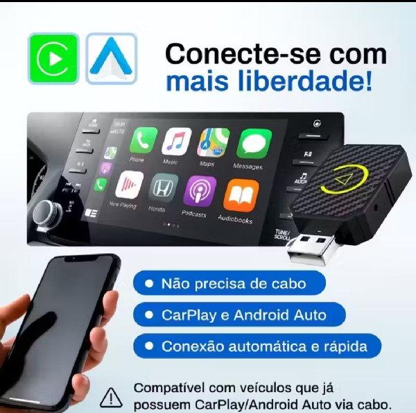 Adaptador Wireless CarPlay e Android Auto 2 em 1